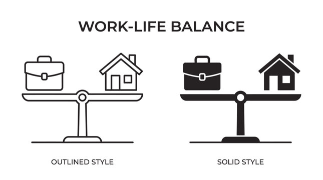 Outlined and solid balanced scales, briefcase and house icons, work‑life balance emphasized, harmony, equilibrium, professional and personal spheres aligned.