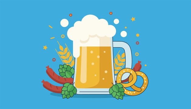 Refreshing glass of foamy beer surrounded by traditional oktoberfest snacks like pretzels and sausages on a blue background.
