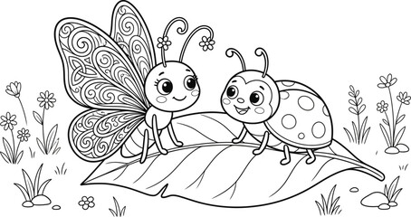 Ladybug And Butterfly Illustration With Floral Elements Black And White © SunjidaRahman
