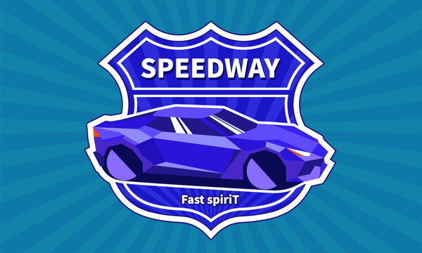 Vector logo, badge or sticker. Low poly super muscle car. Lettering, speedway, fast spirit. Angular abstract futuristic automobile. Decal. Polygonal city transport. Shield. Contrast blue white emblem