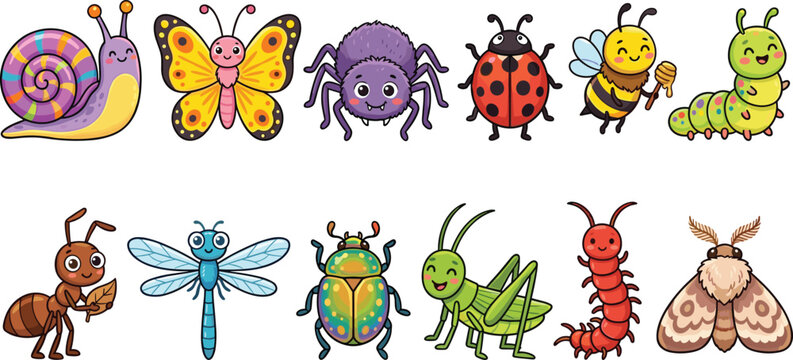Cute kawaii garden insects and bugs vector collection featuring smiling butterfly snail spider ladybug bee caterpillar ant dragonfly beetle grasshopper centipede and moth isolated on white background