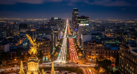 Obraz premium Modern cityscape at twilight with illuminated streets and architecture