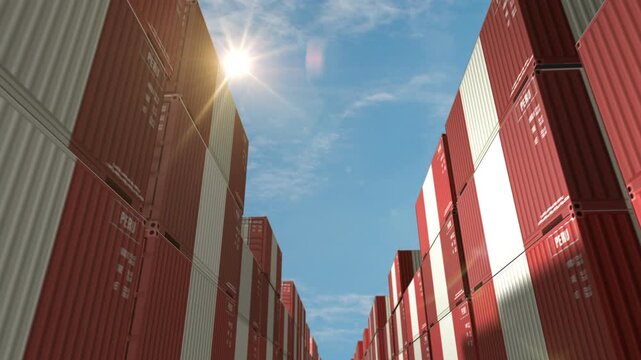 Peru export production and import cargo containers in row seamless and loopable business concept. Peruvian flag industrial shipping box 3d loop.