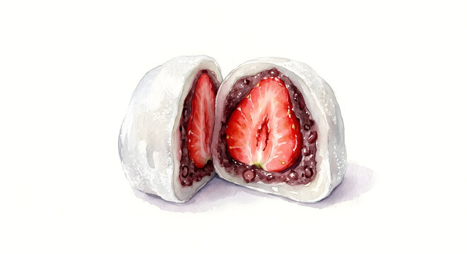 Watercolor strawberry daifuku mochi dessert illustration, beautiful Japanese sweet rice cake cut in half with red bean paste on white background.