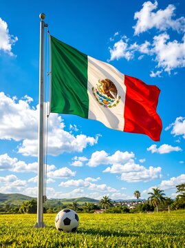 Mexico flag on field with soccer ball