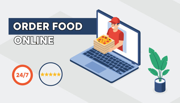 Online food ordering concept featuring a delivery man emerging from a laptop screen holding a stack of pizzas with service icons nearby.