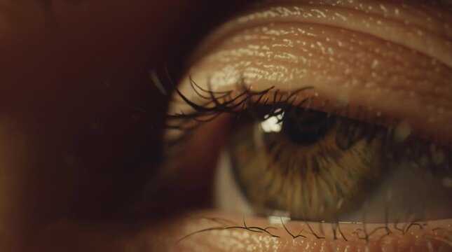 Close view of a human eye showing detail in iris and pupil with light reflections on a mid-afternoon indoors