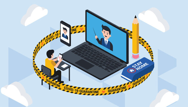 Education concept during covid-19 showing a student studying at home with a laptop surrounded by quarantine tape and stay home icons.