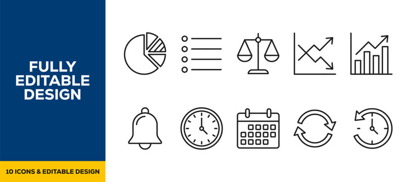 Finance analytics and business review flat vector icon bundle illustration design for corporate planning and audit tasks