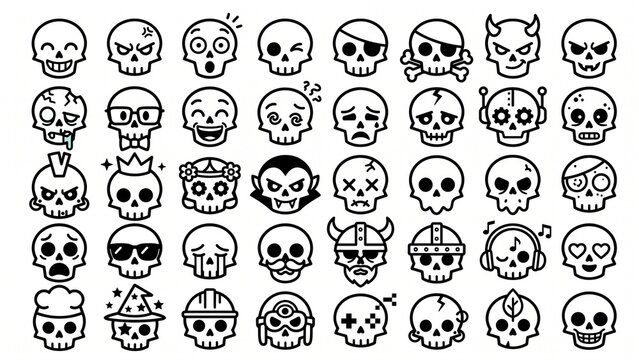 Collection of skull character icons with diverse facial expressions