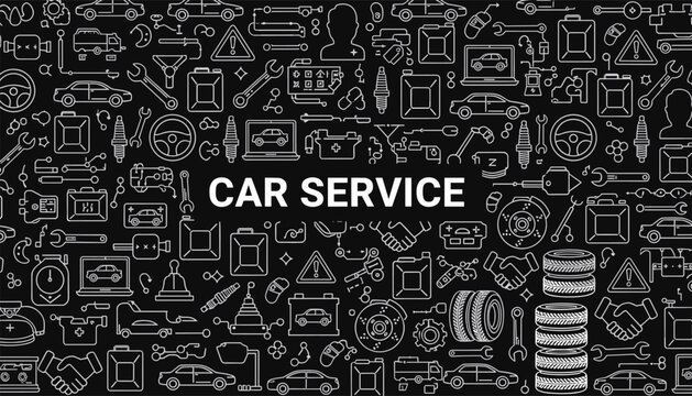 Dense white line art pattern of automotive repair icons on a black background including cars, tools, engines, and car service text.