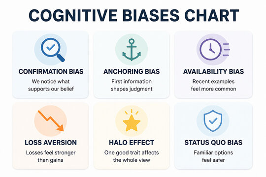 A chart displaying six cognitive biases: Confirmation, Anchoring, Availability, Loss Aversion, Halo Effect, and Status Quo Bias.