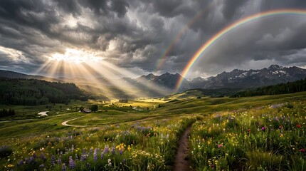 Obraz premium Rainbow over mountains and green field landscape