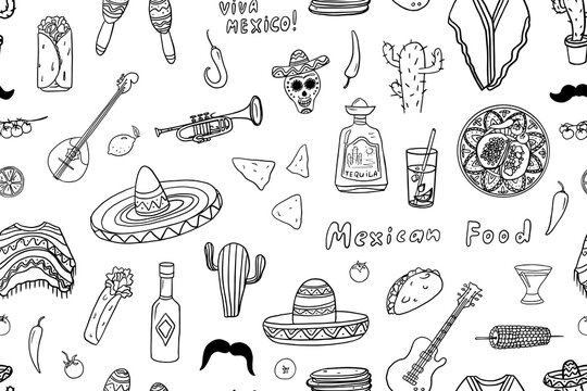 Seamless pattern of mexican theme. Sombrero, lemon, tortilla, nachos, takos, burrito, tomato, corn, cactus, hat, tequila, chili pepper, maracas. Hand drawn