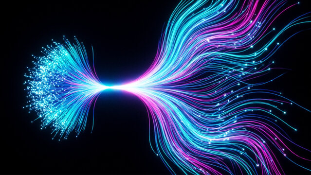 Abstract fiber optic data lines merging and diverging in a high speed network simulation with glowing blue and purple particles symbolizing digital information transfer.