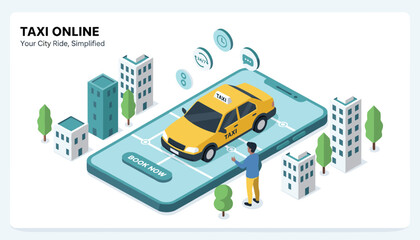 Naklejka premium Digital transport concept showing a person booking a yellow taxi on a giant smartphone screen in a city landscape with tall buildings.