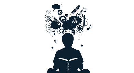 Silhouette of a person reading, with symbols of creativity and ideas emerging from their head. © Pratama