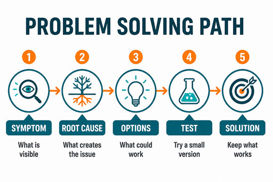 A diagram illustrates a five-step problem solving path: Symptom, Root Cause, Options, Test, and Solution.