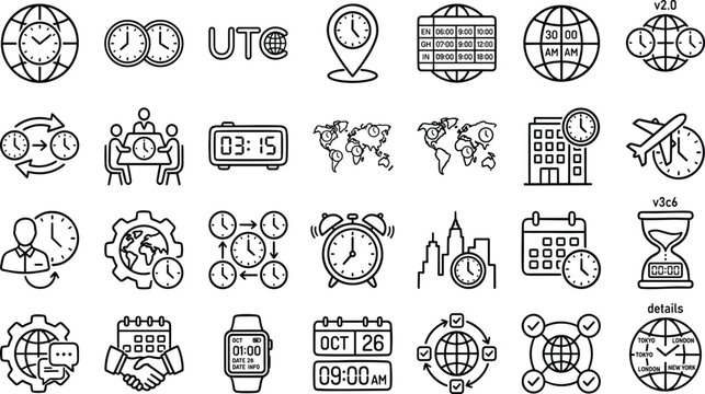 Time Zone and Global Scheduling Icon Set Featuring World Clocks Calendars Travel Timelines Flight Scheduling and International Business Synchronization Vector Illustration