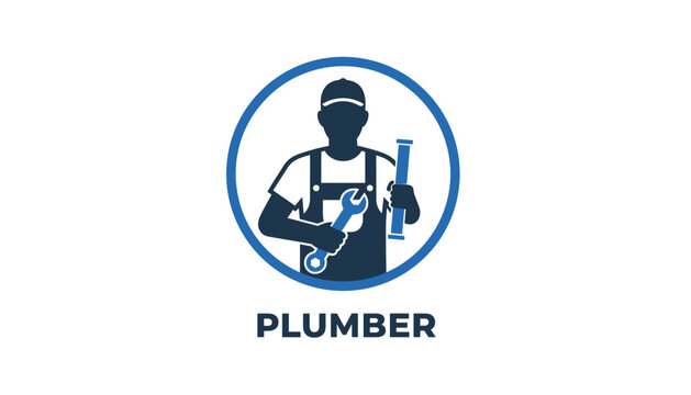 Professional plumber services emblem with worker holding pipe and wrench inside circular blue frame for business logo.