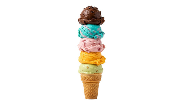 Towering stack of five colorful ice cream scoops in waffle cone, isolated on transparent background