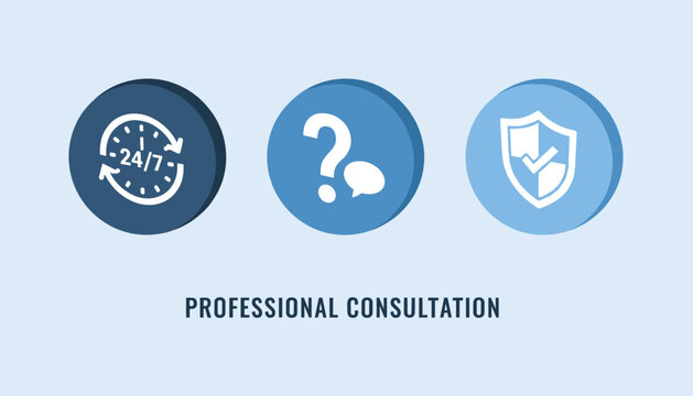 Professional consultation service icons for around the clock support expert questions and security protection.