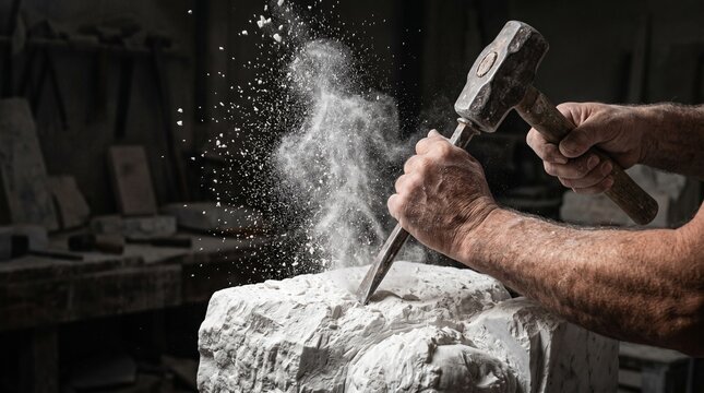 Skilled stonemason carving rock with chisel and mallet.