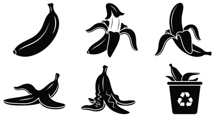 Banana Silhouettes And Peelings Black Vector Illustration On White Background © MDRASEL