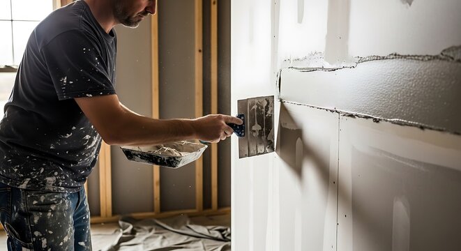 Construction worker applying joint compound to drywall in unfinished room during renovation project
