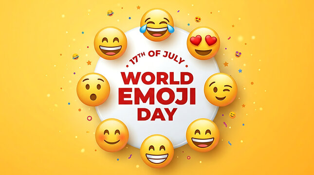 Colorful emoji faces celebrating World Emoji Day on vibrant yellow background with confetti