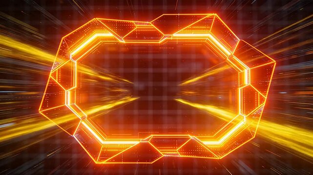 Orange glowing polygonal wireframe framework with dynamic light effects and dark grid background