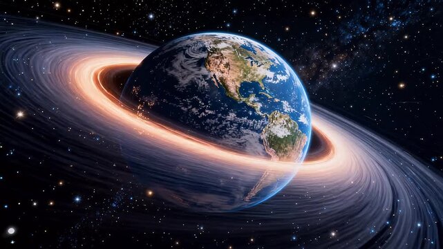 Earth surrounded by colorful spiral interstellar matter and starry space background