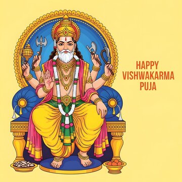 Vishwakarma puja illustration divine architect god seated on throne with tools festive greeting