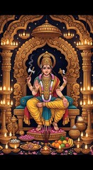 Fototapeta premium Hindu goddess lakshmi in a golden temple with candles and offerings