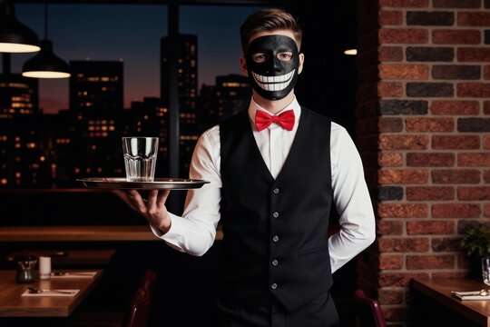 Waiter wears black mask with wide smile offering drink on tray in dark restaurant. Service staff protects from contagion with face covering. Evening city view visible through window.