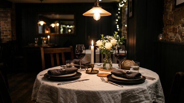 Elegant dinner table setting with candlelight and flowers in a rustic room.