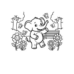 Fototapeta premium Vector illustration of a happy cartoon elephant dancing in a garden with flowers and butterflies