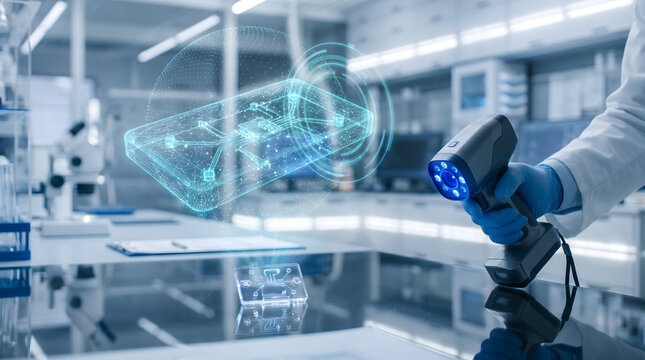 Scientist scanning object with 3d scanner in laboratory