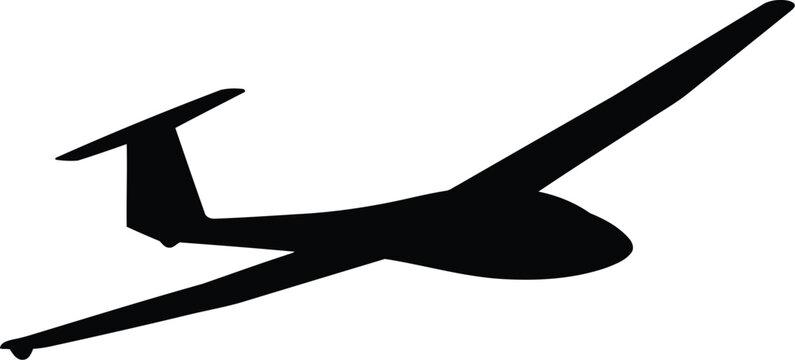 Black silhouette of a glider airplane flying in the air for aviation and travel concepts