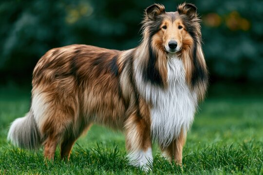 Rough collie dog standing alert on green grass with soft bokeh background and sharp focus for pet care advertising