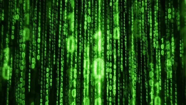 Green binary code streaming down in vertical columns on dark background