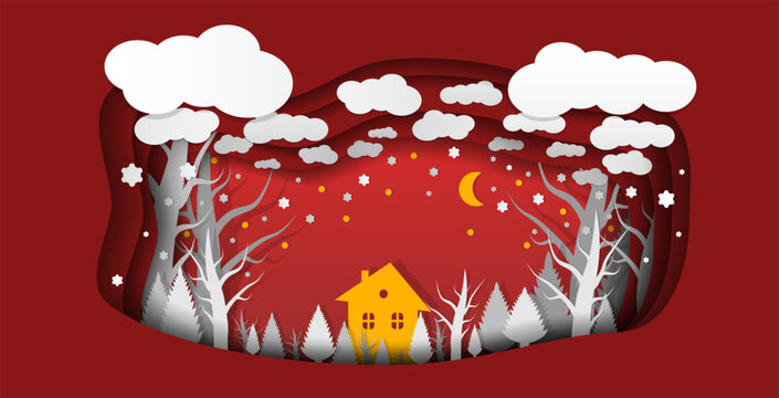 Marry Christmas and Happy New Year paper layered art paper card. House, trees, sonw, clouds. Fairy tale night village. Red style Xmas concept. Vector illustration