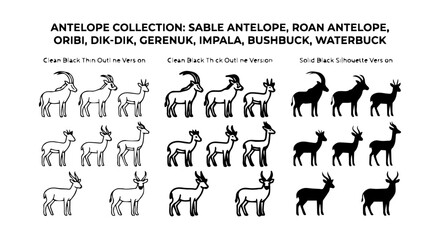 Obraz premium Antelope icon set, outline, solid, silhouette, white background, vector illustration