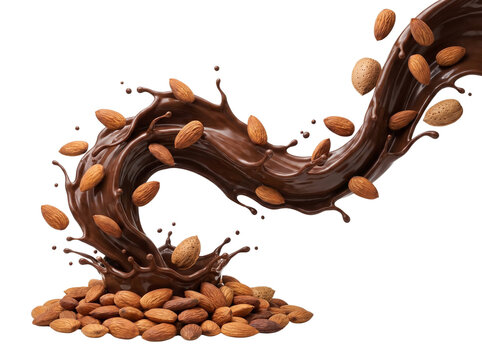 Dynamic swirl of dark chocolate with flying whole almonds.