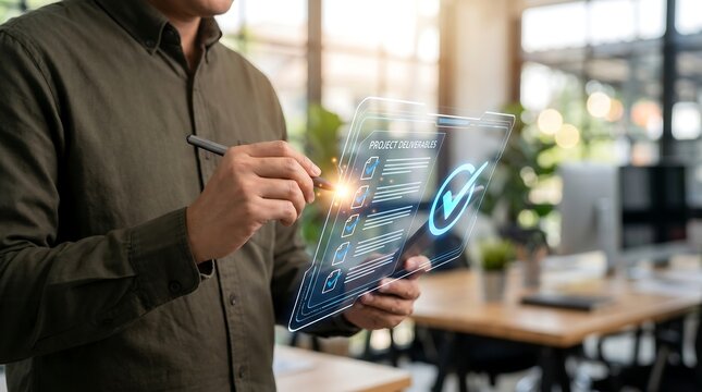 Business professional using digital stylus on holographic screen to update project deliverables and confirm status updates in modern collaborative office workspace environment