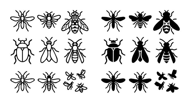Bee icon set outline and solid, white background, vector illustration