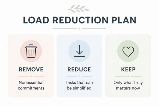A graphic displays a three-step load reduction plan with icons and text for Remove, Reduce, and Keep.