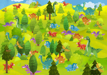 The dinosaur land with many animals in the forest - illustration © honeyflavour