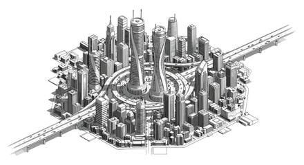 Fototapeta premium Minimalist black and white line art illustration of a modern city skyline with tall buildings and urban infrastructure.