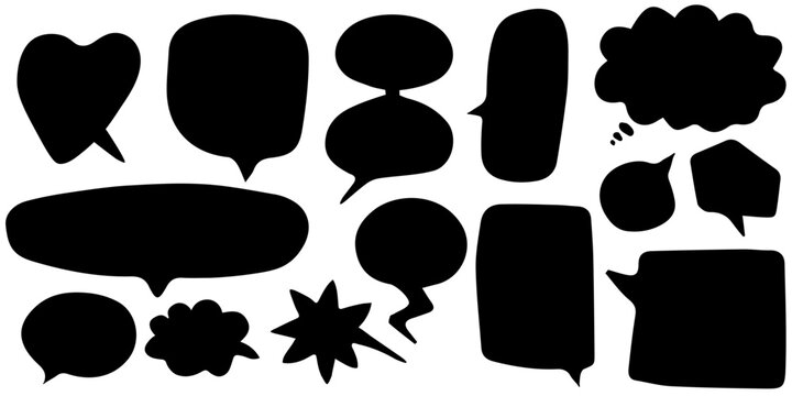 Black speech bubble collection with comic caption shapes and chat symbols for stickers, social media posts, messaging apps and modern branding projects